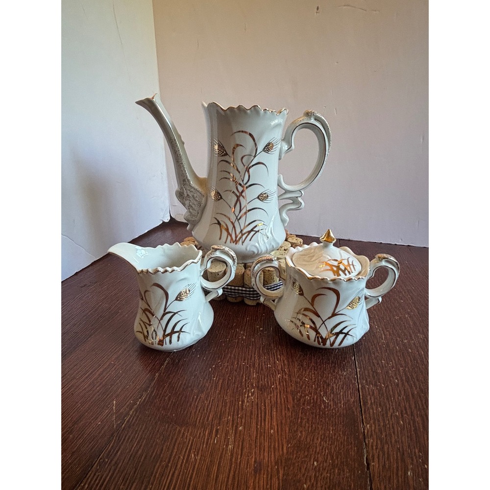 Lefon China Vintage Hand Painted Gold‎ Wheat Tea Set Teapot Sugar Creamer 20595